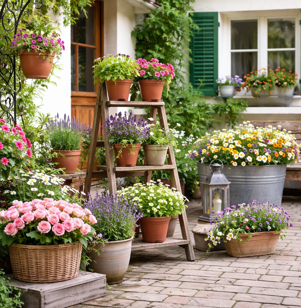 7 kreative ideen, um blumen stilvoll draußen zu platzieren